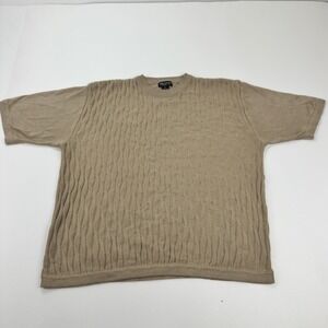 Peletti Mens XL Short Sleeve Knit Sweater Tan Beige Wavy Textured Crew Neck Top